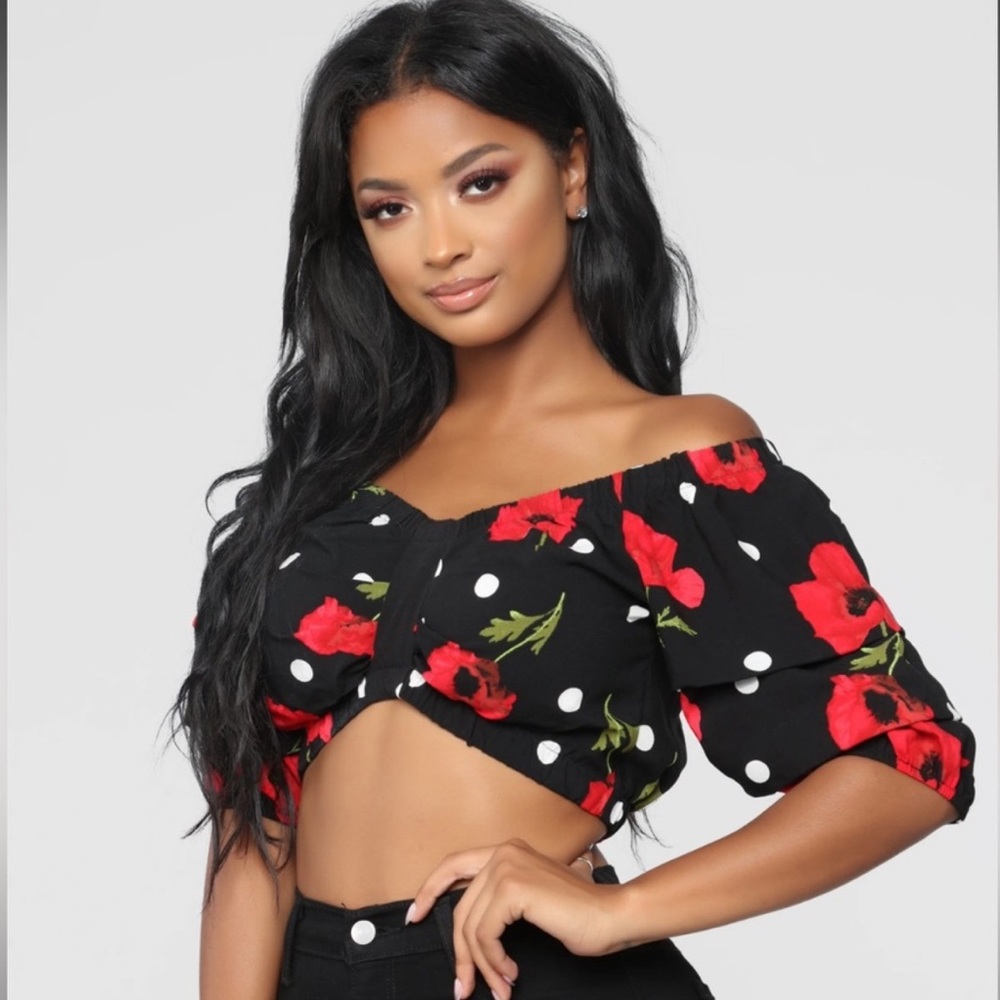 Bare Shoulder Floral Blouse Cottagecore Off The Shoulder Black Red Size Small